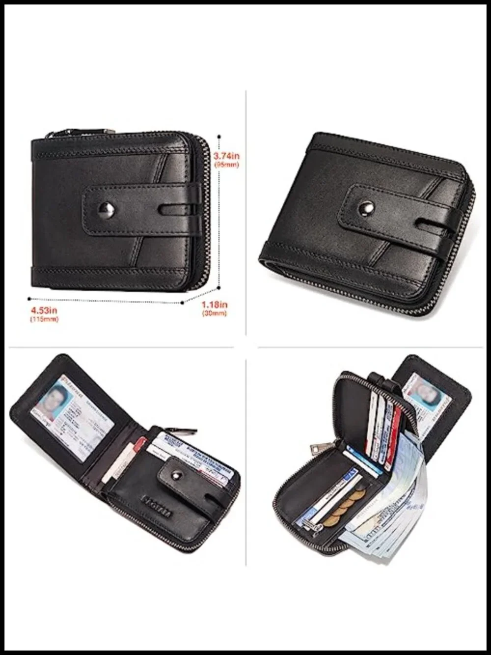 Genuine Leather Zipper Wallet RFID Blocking Bifold with Coin Pocket